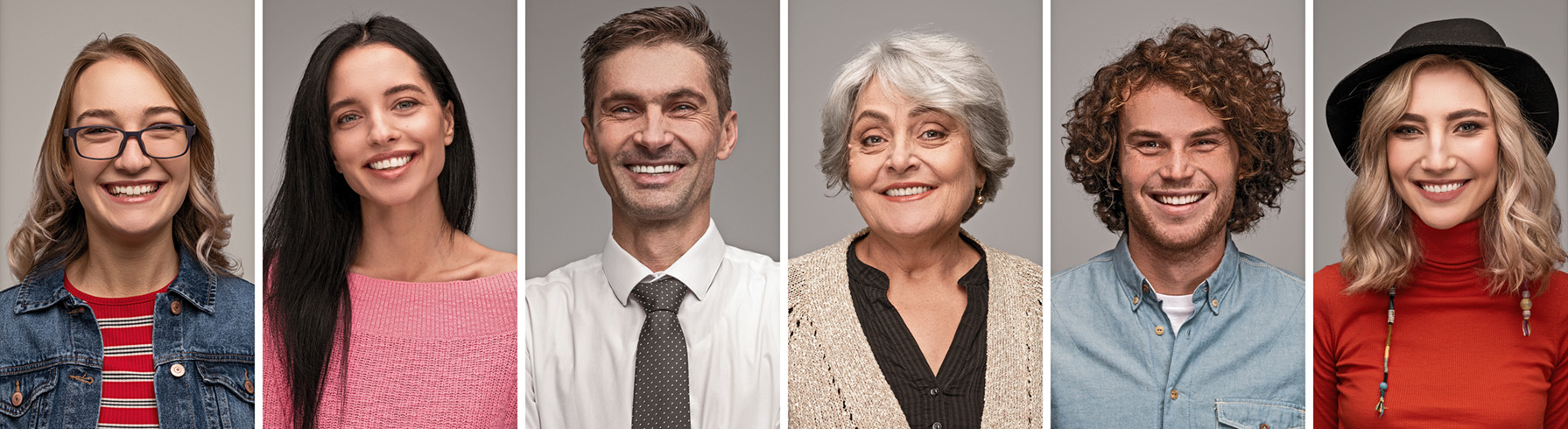 Set of portraits of confident people of all generations cheerfully smiling and looking at camera